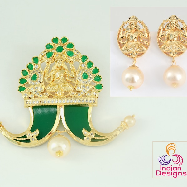 Traditional Lakshmi Pendant with Earrings| Gold plated Puligoru Tiger Claw South Indian Pendant design| Gold tone American Diamond Pendant