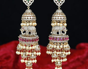 Matte Gold Wedding Party-wear Pearl Jhumka set |American Diamond  Multi step Indian/Pakistani Jhumki Design |Long Dangle Pearl drop Earrings