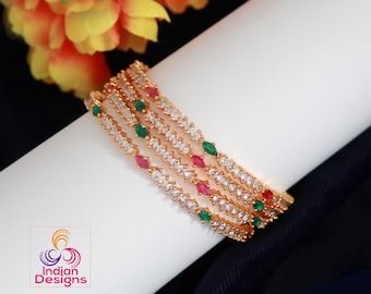 AD stone Ruby and Green bangles set of 4| American Diamond CZ stone Indian Bangles| Gold Plated Stylish Party Wear Bangles set| Gift for her