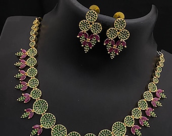 Round ad stone necklace set| gold plated choker with earrings| american diamond ruby green cz necklace| south indian style set| gift for her
