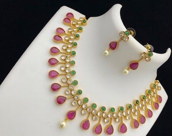 Gold Plated American Diamond Ruby Emerald Necklace | Indian Wedding Jewelry | CZ diamond necklace | Gift for her