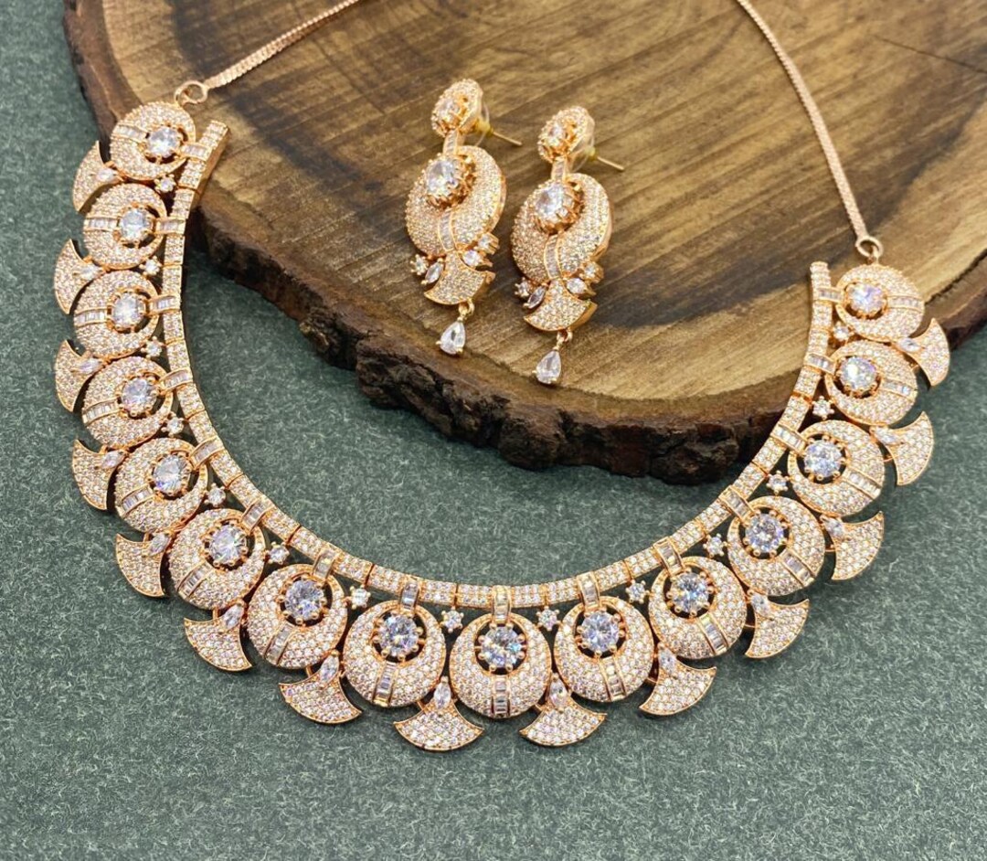 Rose Gold Plated Cubic Zirconia American Diamond Necklace & Dangle Earrings Jewellery Set for Women main image 1