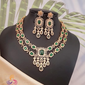 Exclusive gold plated american diamond necklace with emerald cut green stones| two layer ad necklace indian wedding jewelry set|gift for her