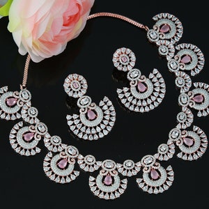 Rose Gold American diamond necklace set | Indian wedding jewelry for bride | Mint green statement necklace | Golden diamond circle necklace