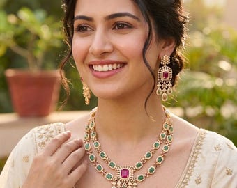 Ruby Pink AD stone Bridal Necklace Set| Two layer American Diamond necklace| Indian Wedding jewelry set| Gift for her
