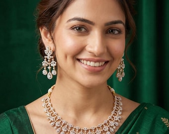 Luxury AD Necklace Set with Earrings | CZ Choker Necklace | Bridal Wedding Jewelry | Gold Finish American Diamond Necklace| Gift for Her
