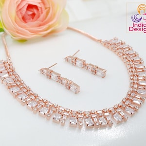 American diamond rose gold necklace earring set | indian designs jewellery | cubic zirconia emerald ruby necklace | gift for girl friend
