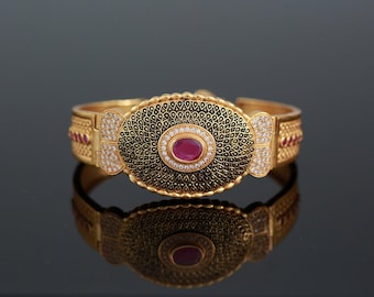 Gold plated cuff bracelet with ruby stone| american diamond bangle bracelet| statement bracelet|traditional party wear bracelet|gift for her