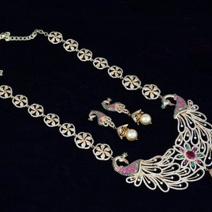 Gold Plated American Diamond Long  Wedding Jewelry set| Indian Wedding necklace Earring Set| Peacock Pendant and Jhumka set| Gift for her