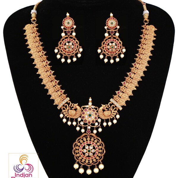 Matte Gold Lakshmi coin necklace | South Indian temple jewelry Bridal wedding necklace | Lakshmi kasu short necklace | kemp bridal jewelry