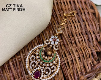 Matte Gold Finish Multicolor CZ tikka | Indian Head Piece Jewelry | AD Stones Maang Tikka | American Diamond Indian mang tikka jewelry