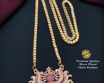 Gold Plated Lotus Pendant Chain Necklace| American Diamond Ruby Green Pendant Jewelry| Traditional South Indian statement Pendant Necklace|