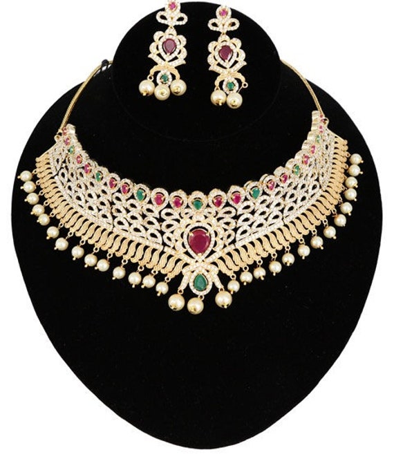 Indian Bollywood Style Gold Plated Bridal Fashion Jewelry Set - Diamante, Kundan & Pearl - Necklace, Earrings, Headpiece