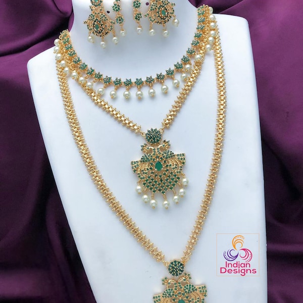 Gold Plated American Diamond CZ Haram Long & short necklace combo, South Indian Wedding Jewelry set, Bollywood fashion Jewelry, Gift for Her