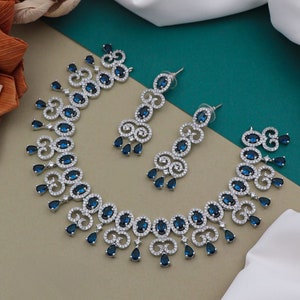 Rhodium/Silver Tone American Diamond Jewelry | CZ Crystal choker Necklace for Wedding | Indian Silver tone jewelry | Indian Bridal Necklace