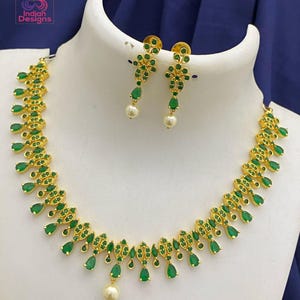 Traditional indian gold plated choker set| ruby green ad stone indian wedding jewelry| minimalist american necklace & earrings| gift for her
