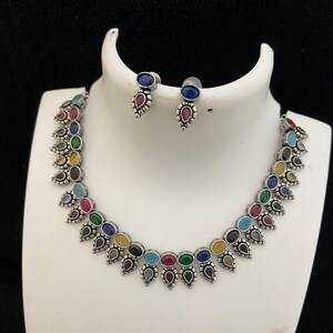 Oxidized silver necklace set | german silver necklace set india | antique finish silver choker necklace | black polish american diamond set Multi Color