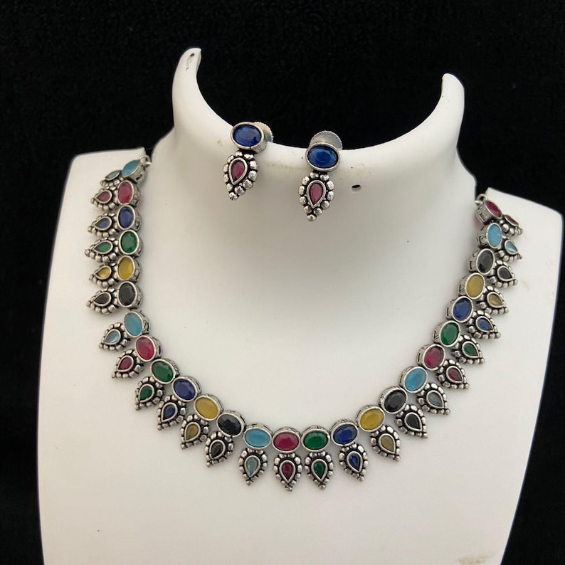 Oxidized silver necklace set | german silver necklace set india | antique finish silver choker necklace | black polish american diamond set Multi Color