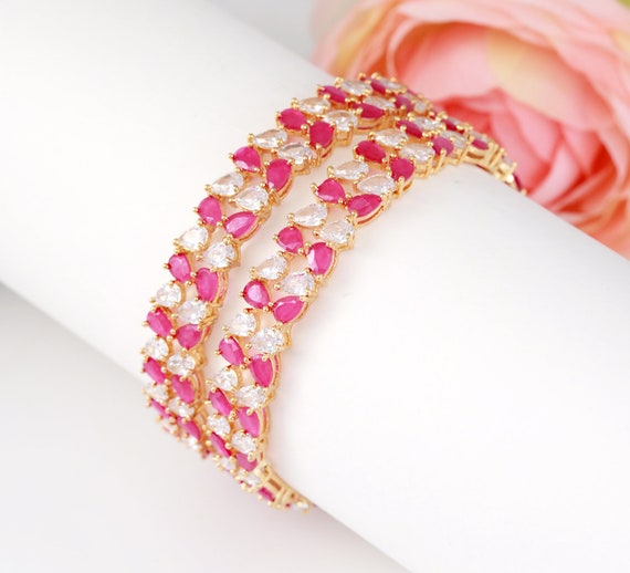 Tear Drop Ruby Diamond Stone Gold bangle designs Luxurious Stone studded Bangles 22K Gold plated CZ Diamond Fashion bangles