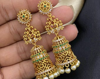 Gold plated long jhumka earrings | indian designs jhumka collection | traditional matte gold jhumka earrings | indian jhumka jhumki earrings