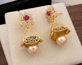 Gold Plated Indian Jhumka Earrings| Ruby Stones & Golden Pearls| Traditional South Indian Jhumki| Statement Earrings| Gift for Her