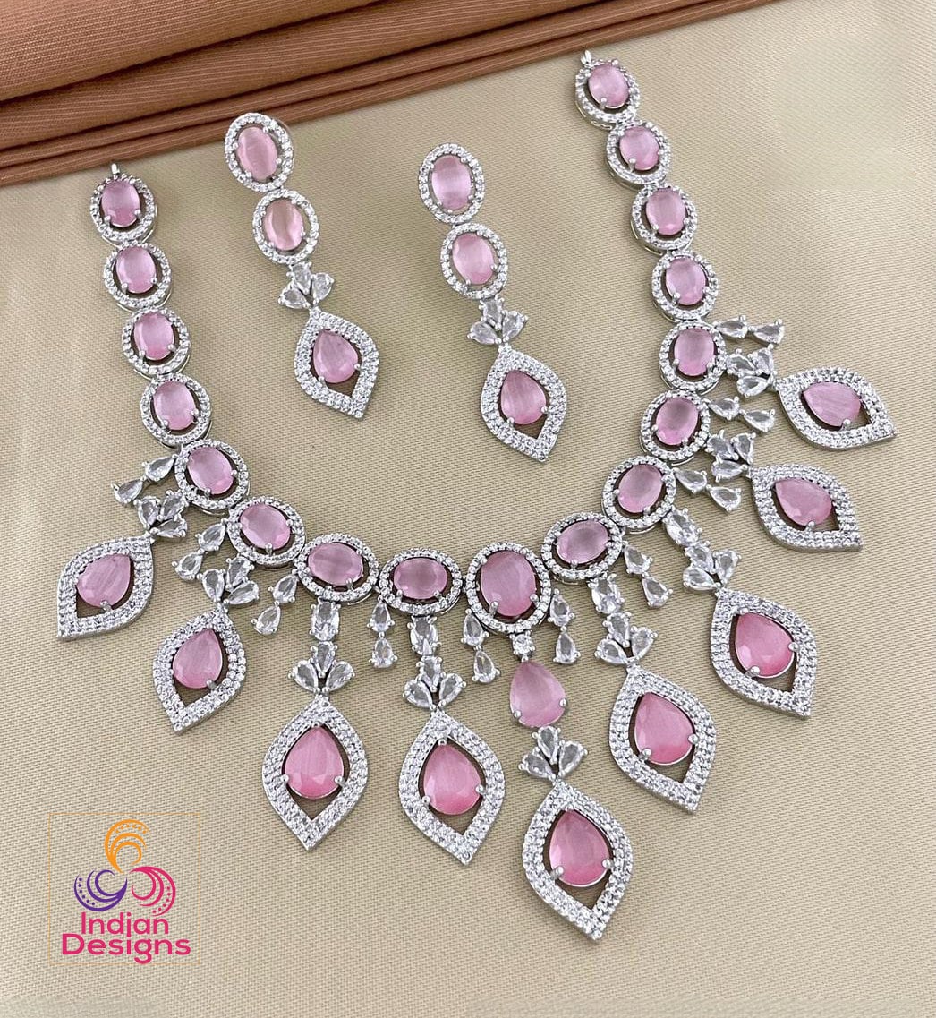 Baby Pink Silver AD Necklace Earring Set American Diamond Necklace Cz Diamond Indian Wedding Jewelrybollywood Style Jewelry Gift for Her Etsy UK