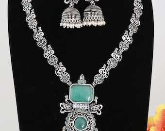 German Silver Oxidized Necklace and  Earring set | Indian Jewelry Oxidized necklace with color stones | Traditional Antique Wedding jewelry