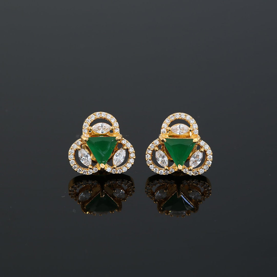 Three Petal Floral CZ Stud Earrings Paved Triangle Stone at