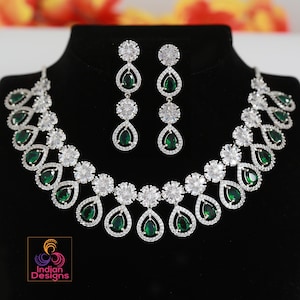 Green Teardrop AD Necklace Set| American Diamond Choker with Earrings| Bridal CZ Stone Jewelry| Party Wear Indian Necklace Set| Gift for Her