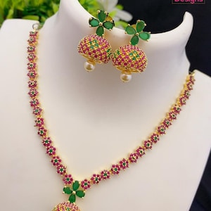 American diamond necklace Exclusive design | Floral emerald pendant necklace | Indian Cz necklace and earring sets | Jhumka necklace set