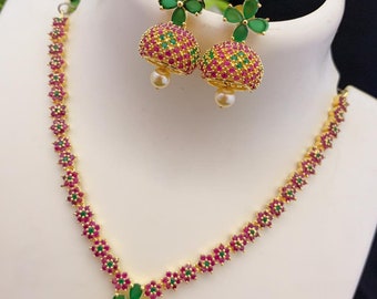 American diamond necklace Exclusive design | Floral emerald pendant necklace | Indian Cz necklace and earring sets | Jhumka necklace set