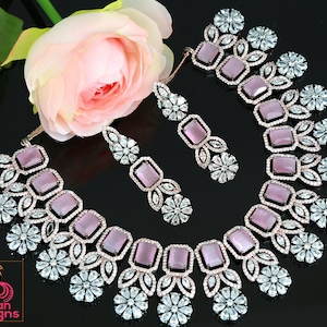 American Diamond Baby Pink - Black and Rose gold plated Oxidized Necklace | AD wedding jewelry set Indian | CZ wedding choker jewelry Pink