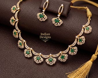 Gold Plated Indian Necklace Set with Earrings| American Diamond Necklace| Dainty Jewelry| Floral CZ Diamond Choker| Anniversary Gift for her