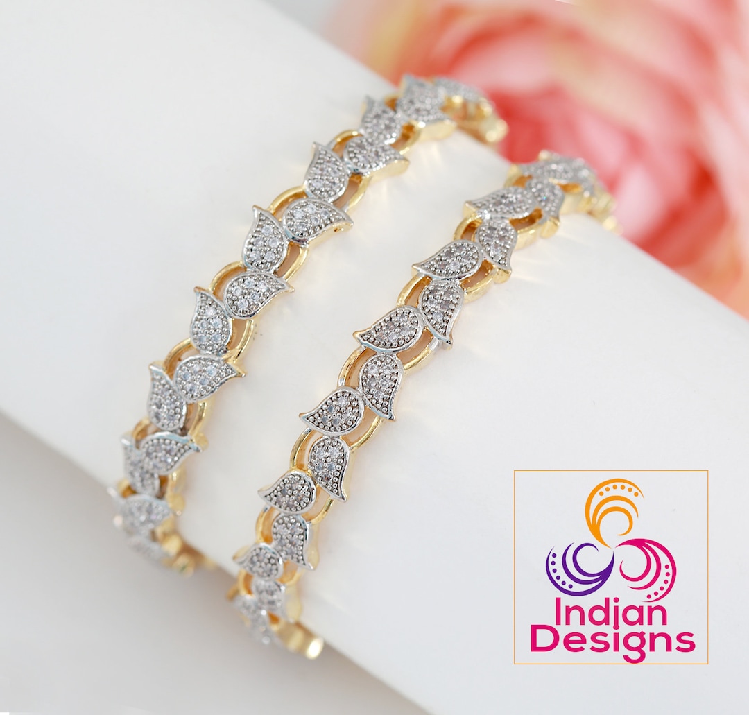 American Diamond Bangles Leaf Design Set of 2 18 Karat Gold Plated Diamond Leaf Bracelet Indian Wedding Gold Bangle Set Gift for Her Etsy