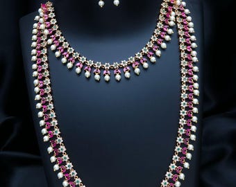 Set di collana con finitura opaca / collana lunga e corta con orecchini / gioielli da sposa dell'India meridionale / set da sposa con goccia di perle