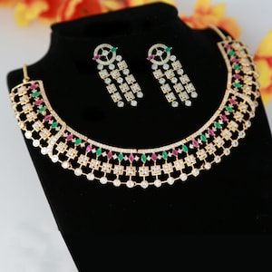 American Diamond Gold choker necklace with Green ruby & White stones| Statement Choker set| Bollywood Style CZ bridal necklace| Gift for her