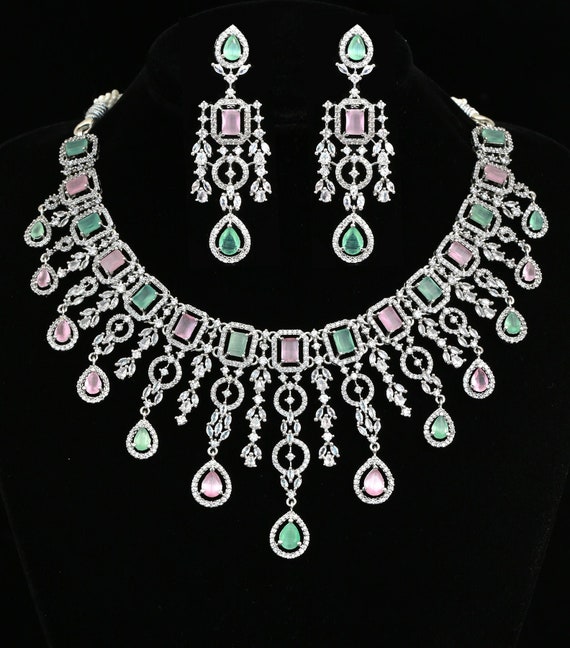 Exclusive Pink Teardrop American Diamond Silver Necklace | Mint Green AD  stone necklace & Earring set | Indian Wedding jewelry |Gift for Her