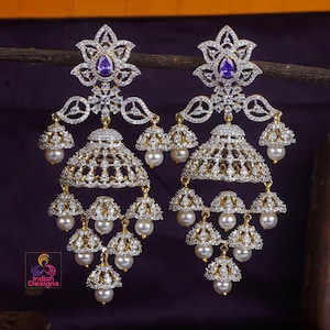 Großartige amerikanische Diamant Jhumka Ohrringe | CZ Braut Hochzeit Anhänger | Rubin Grün Lila Stein Jhumkis | Statement Ohrringe | Schickes Geschenk für sie