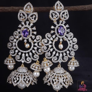 American Diamond Jhumka Ohrringe | CZ American Diamond Long Jhumka Tropfen Ohrringe | Rubin Grün Lila Stein Jhumkis | Indische Partykleidung Ohrringe