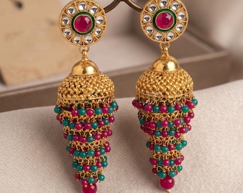 Gold plated triple jhumka jhumki earrings with red and green bead drops| antique polki jhumka| pakistani punjabi jhumka| traditional jhumka