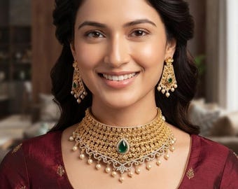 Indian Gold Plated Choker Necklace Set with Emerald Green Stone| CZ Diamond Bridal Jewelry| AD Jewelry| Wedding Party Gift for Her