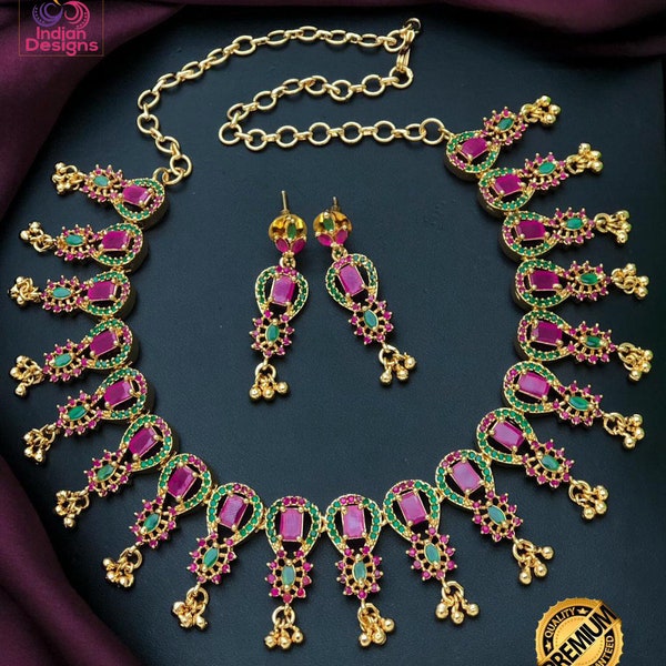 Gold Plated American Diamond Dainty Necklace and Earrings| Emerald Ruby CZ Diamond choker| Indian jewelry Statement Necklace| Gift for her