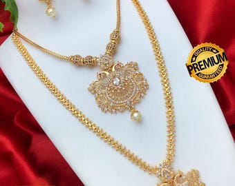 Gold tone American Diamond CZ Haram Long and short necklace combo, South Indian Wedding Jewelry set, Bollywood fashion Jewelry, Gift for Her