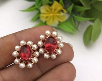 Rose gold oval shape gorgeous pink quartz stud earrings | light stud earrings | pink stone wedding pearl earrings