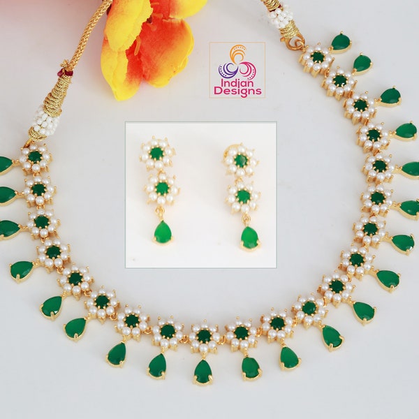 Pearl, Ruby & Emerald Statement Necklace with Matching Earrings |Traditional Indian Jewelry Set | High-End American Diamond Fashion Jewelry