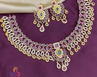 South Indian Style Matte Gold Plated Kemp choker necklace Earrings| Indian Temple Jewelry | Red Green & White real Kemp necklace designs