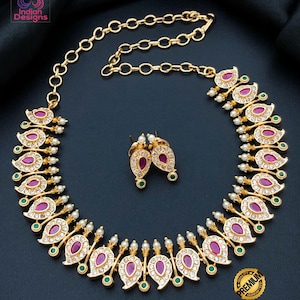 Gold plated AD choker necklace with Earrings| stylish wedding necklace| Indian Wedding party wear jewelry| short necklace set| Gift for her