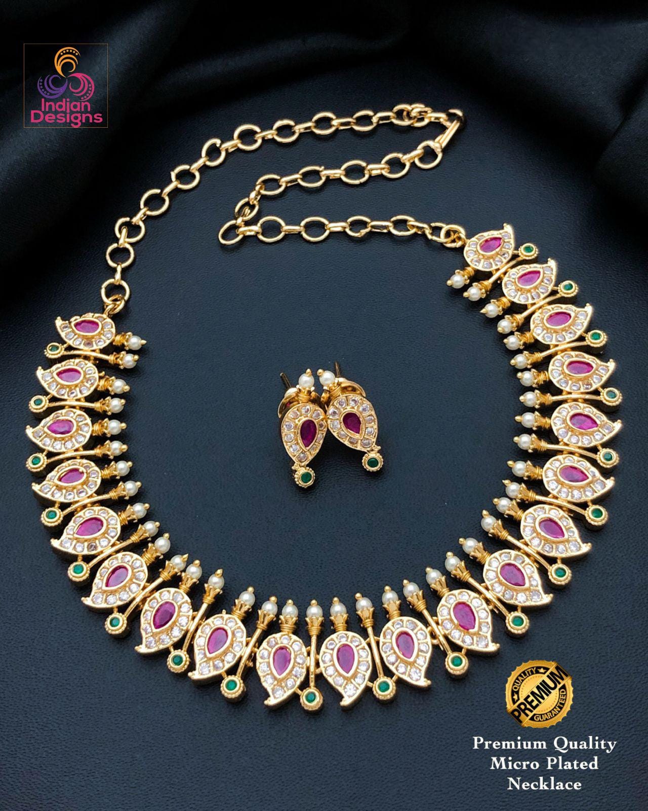 Gold plated AD choker necklace with Earrings| stylish wedding necklace| Indian Wedding party wear jewelry| short necklace set| Gift for her