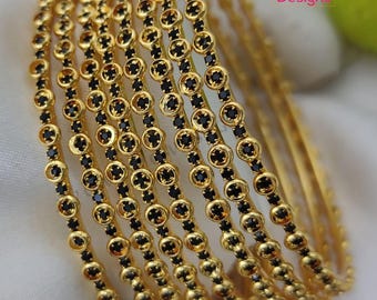Black stone Golden Bangles set of 8| American Diamond Crystal stackable Wedding bangle set| One gram gold Indian bangle set| Gift for her