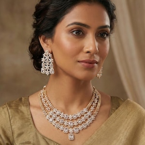 American Diamond Multi-Layer Necklace and Earrings set with CZ White/Ruby Stones| Statement Wedding Necklace| Indian Jewelry| Gift for her